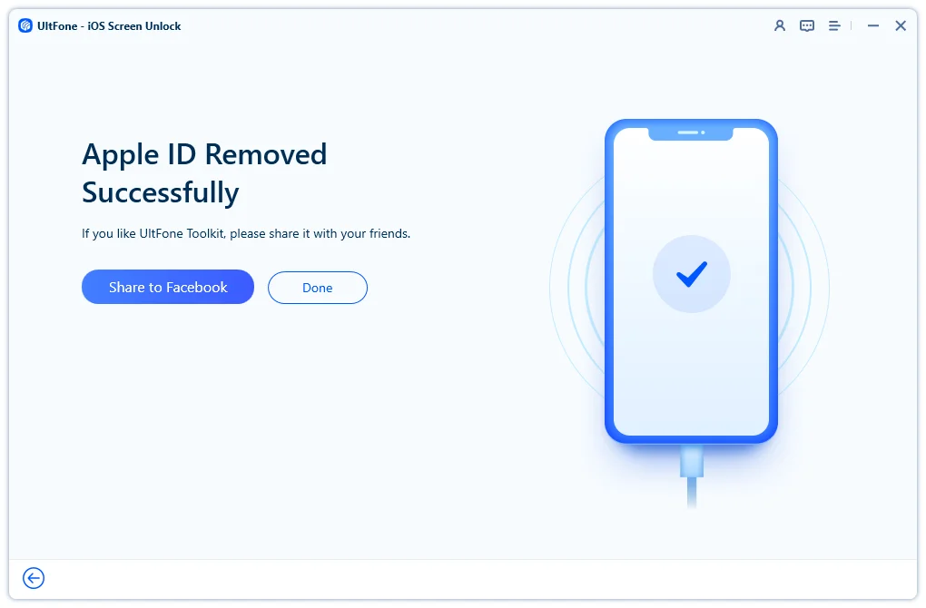  UltFone iPhone Unlock 成功移除 Apple ID 畫面