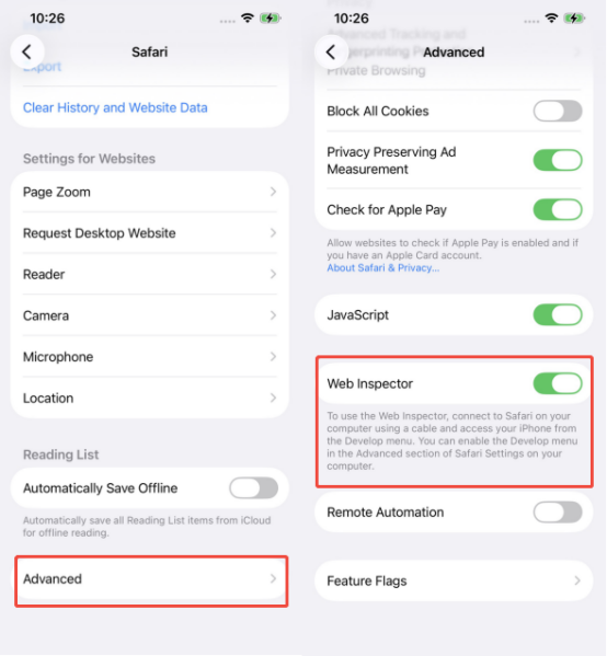 Web-Inspector aktivieren