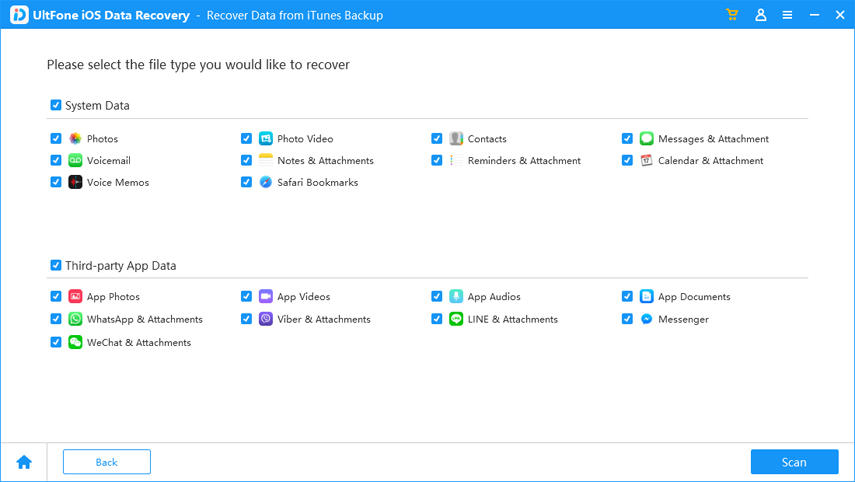 choose data type itunes to recover