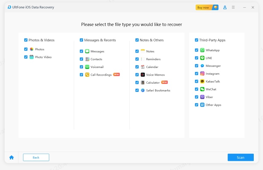 choose data type itunes to recover