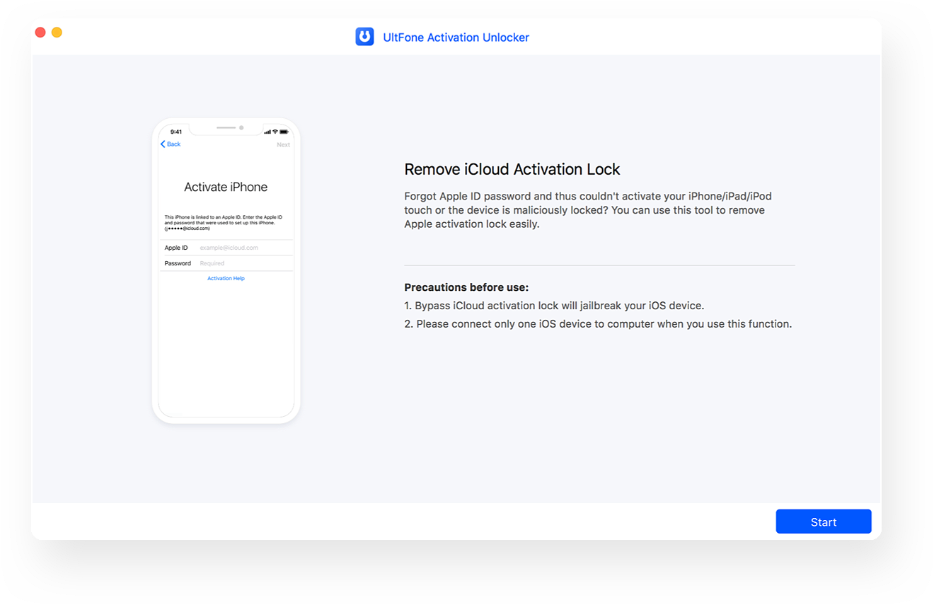 open icloud activation unlocker and connect device