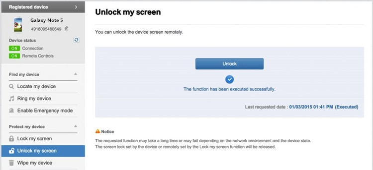 remotely unlock galaxy note 5