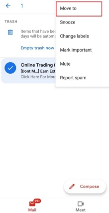 restore emails from trash on Android