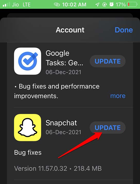 try to update snapchat version