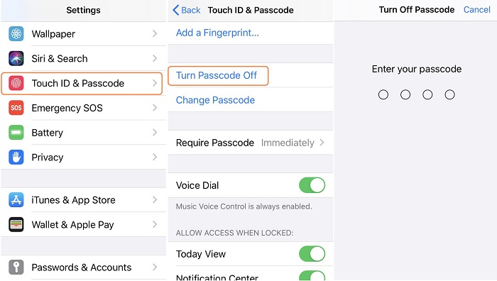 turn passcode off iphone