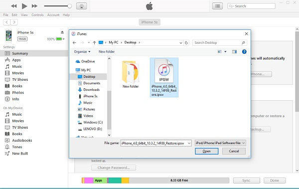 select ipsw file on itunes