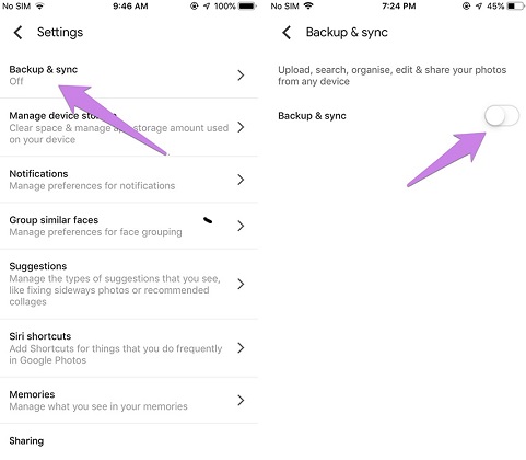 click backup and sync option to start sync iphone photos to google photos