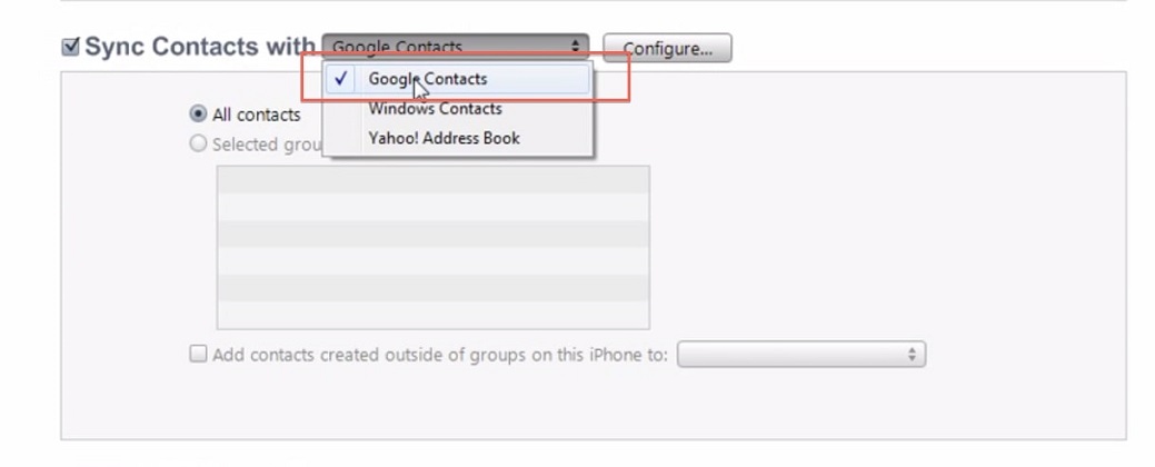 sync iphone contacts to google contacts in iTunes
