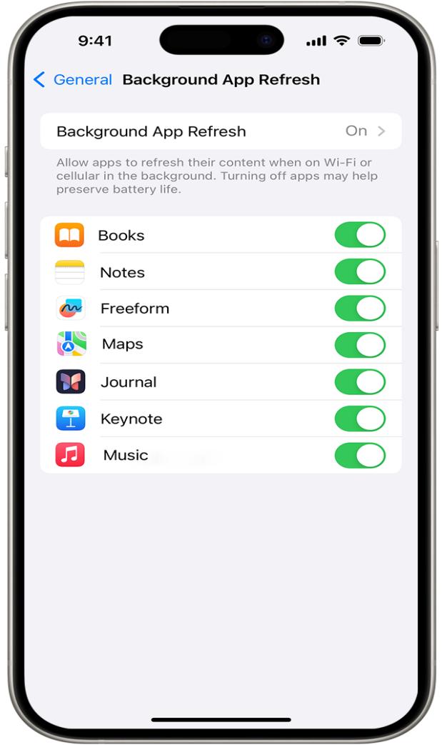 Turn off Background App Refresh to fix battery drain ios 18